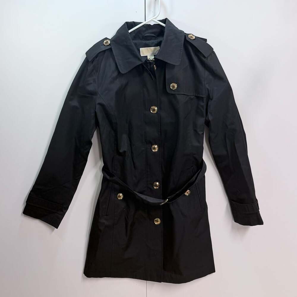 Michael Kors Women's Black Hooded Belted Trench Coat with Gold Buttons Size L